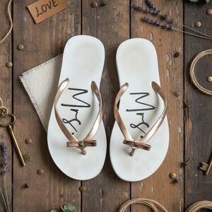 Mrs Bride White and Bronze Flip Flops with Bow Accent